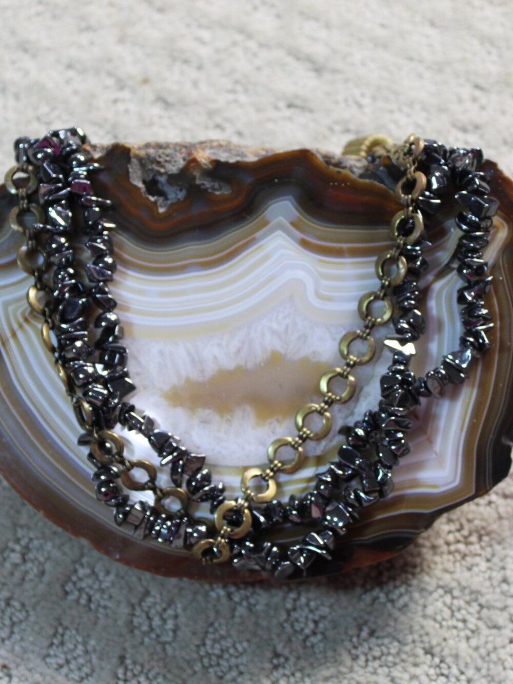 Triple Strand Hematite Chip and Bronze-Toned Circle Link Chain 21" Necklace